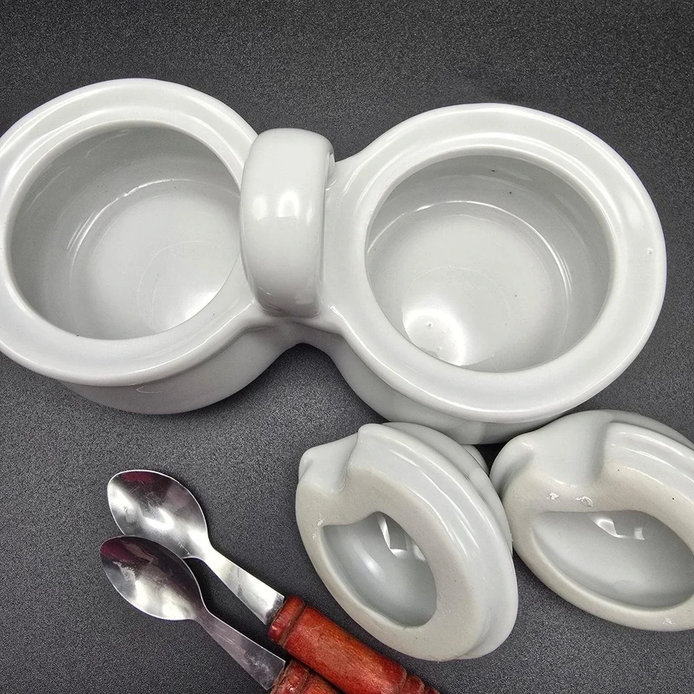 Houston Harvest HH Double Ceramic Condiment Server‎ Dish with Spoons White
